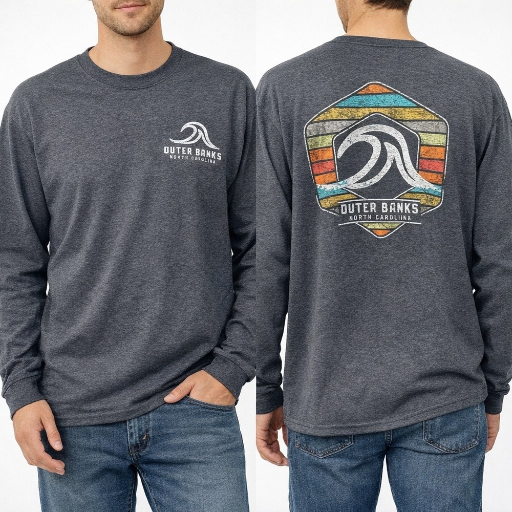 Outer Banks North Carolina Graphic Long Sleeve Tee Gray Wave Logo Shirt
